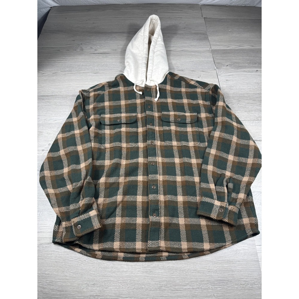 American Eagle Shacket Mens XL Green Brown Plaid Hooded Flannel Button Down